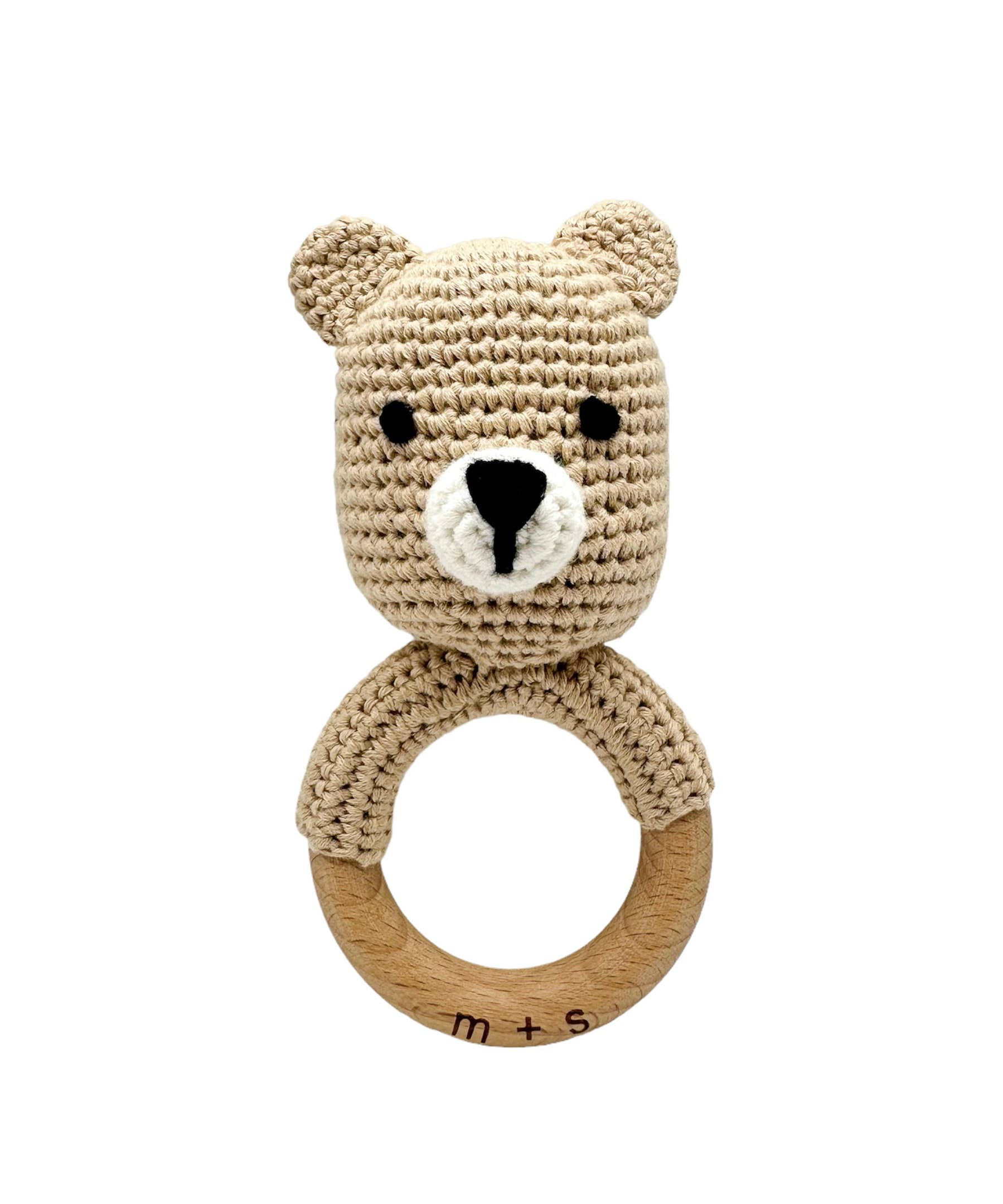 Hand Crochet Bear Rattle with Beechwood Ring