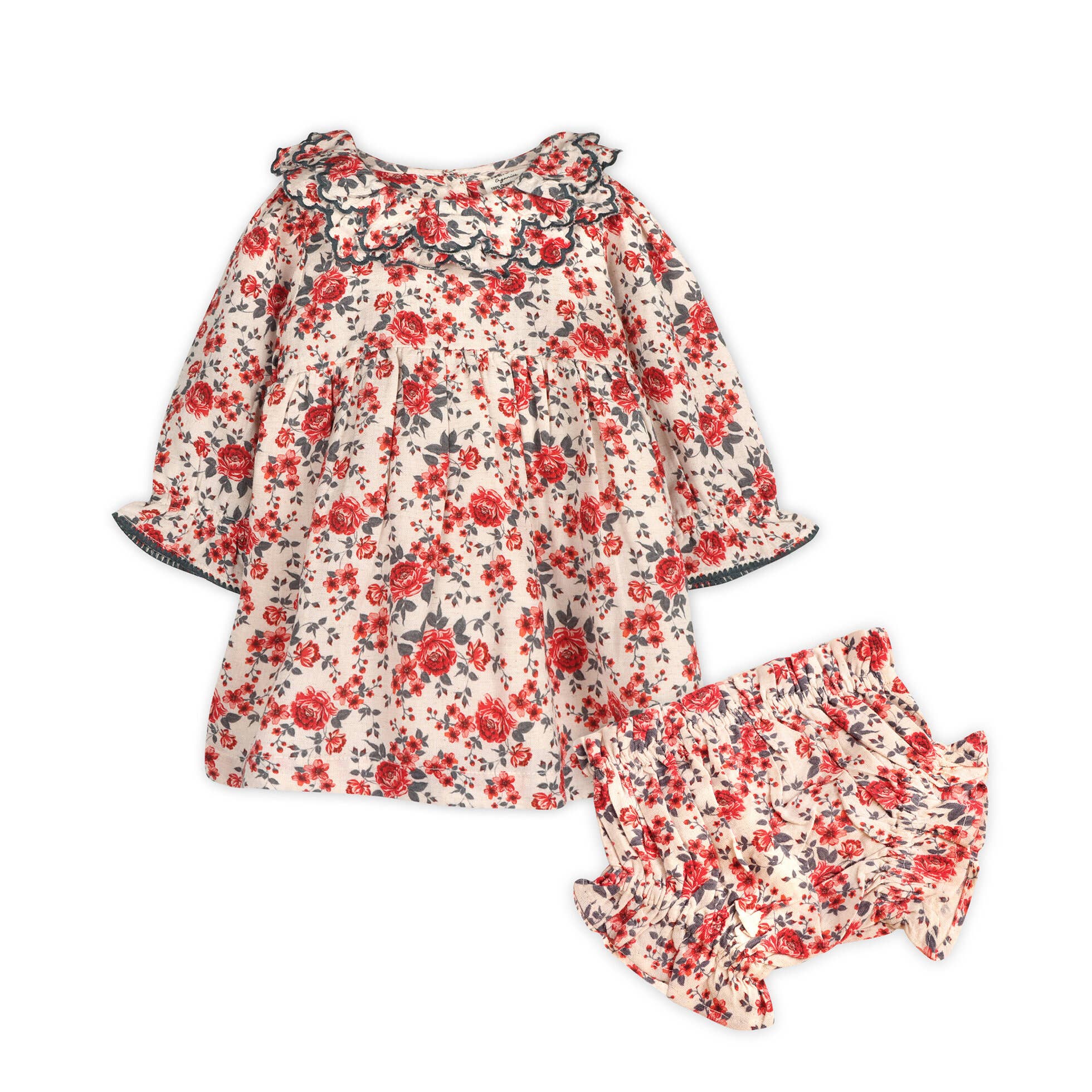 Amour Rose Floral Ruffle Baby Dress & Bloomer (Linen Blend): Rose Floral / 12-18M