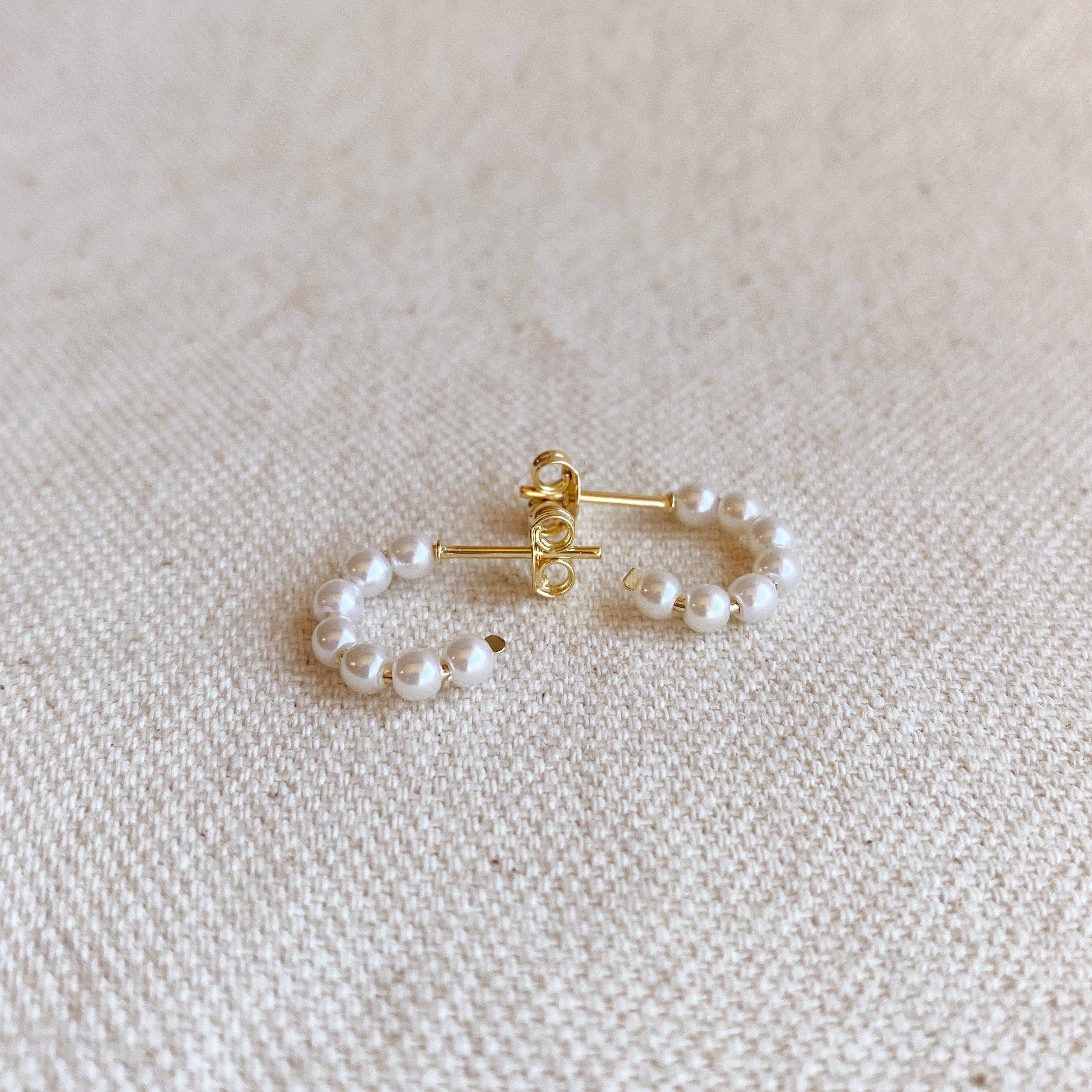 18k Gold Filled Simulated Pearl Bead Half-Hoop Earrings