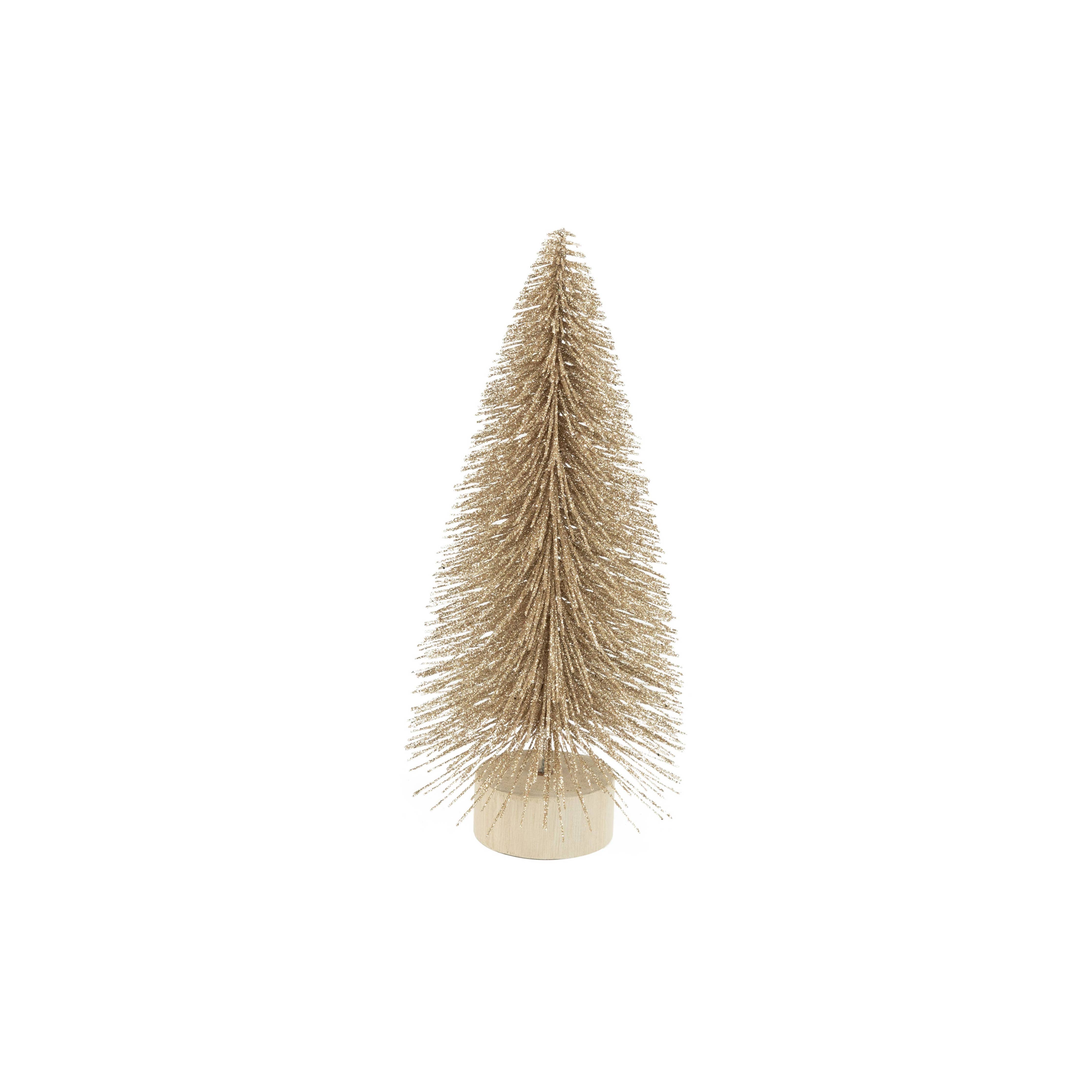 A17752: Champagne gold glittered bristle tree,wood base,9in