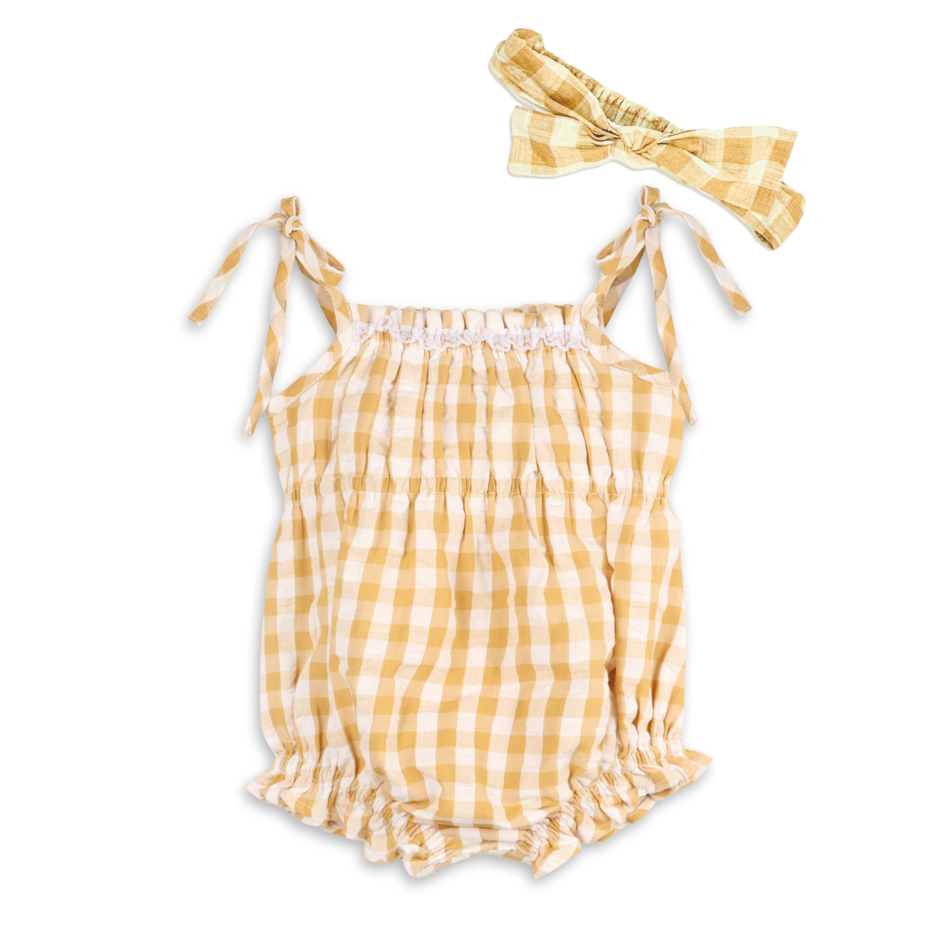 Lola Seersucker Gingham Organic Baby Romper with Headband