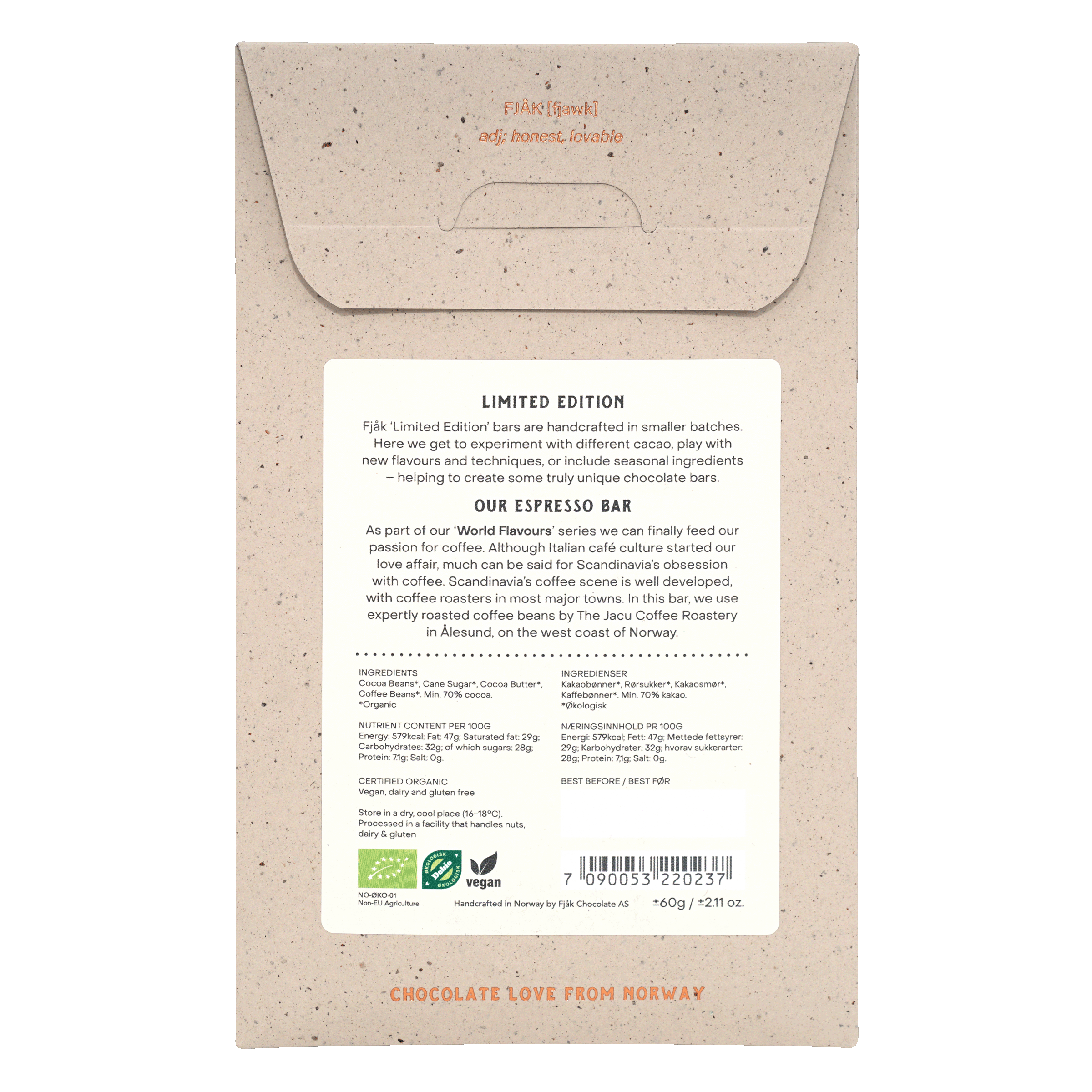 Fjåk Dark Chocolate Bar with Espresso 70% Cacao