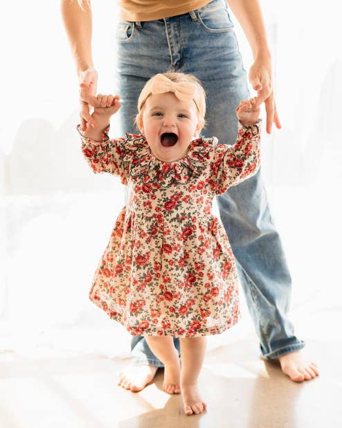 Amour Rose Floral Ruffle Baby Dress & Bloomer (Linen Blend): Rose Floral / 12-18M