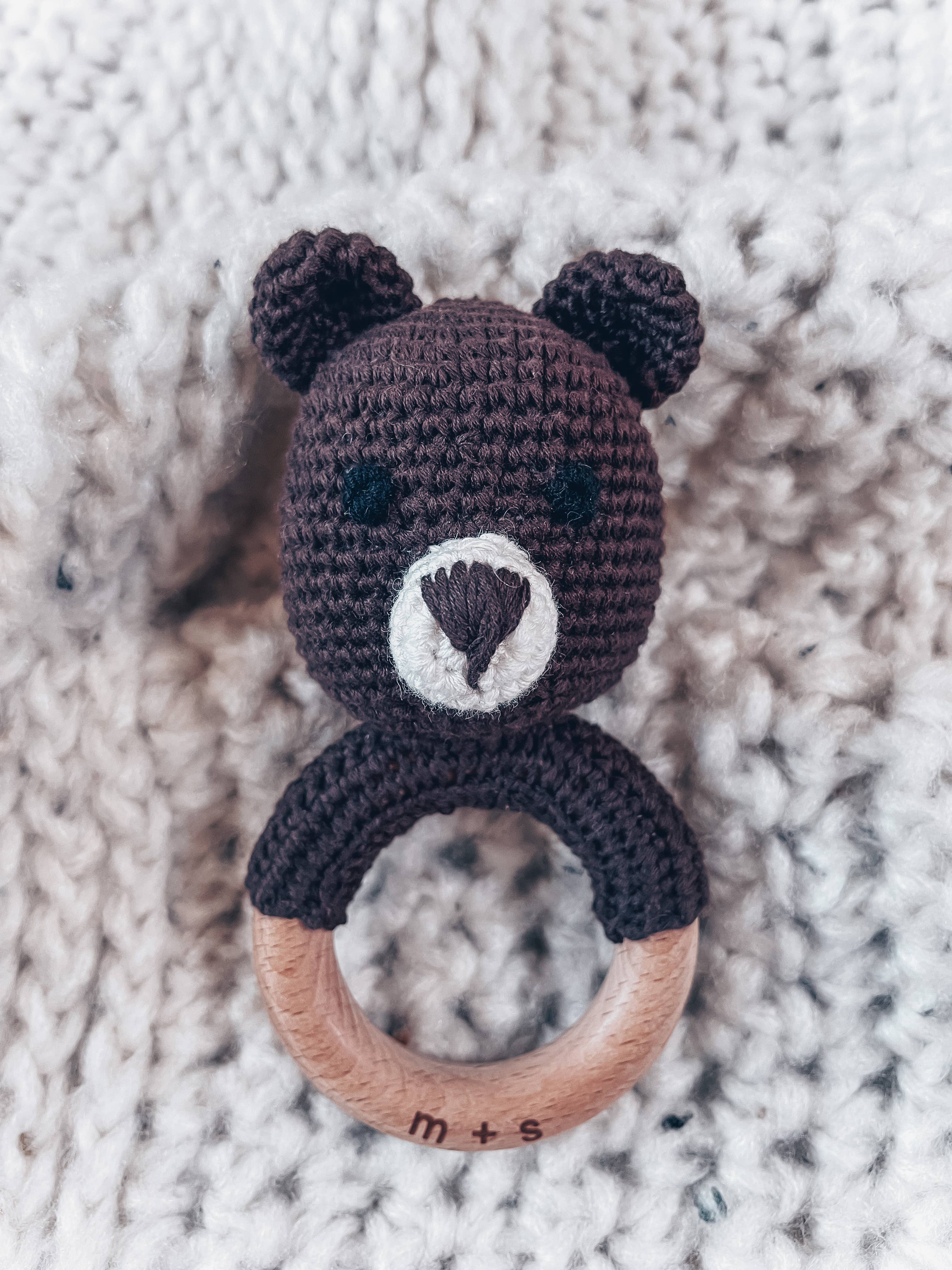 Hand Crochet Bear Rattle with Beechwood Ring