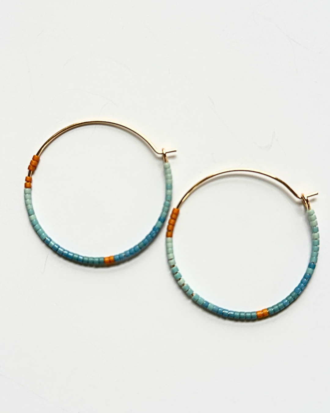 Japanese Glass Beaded Hoop Earrings  - Blue, Orange