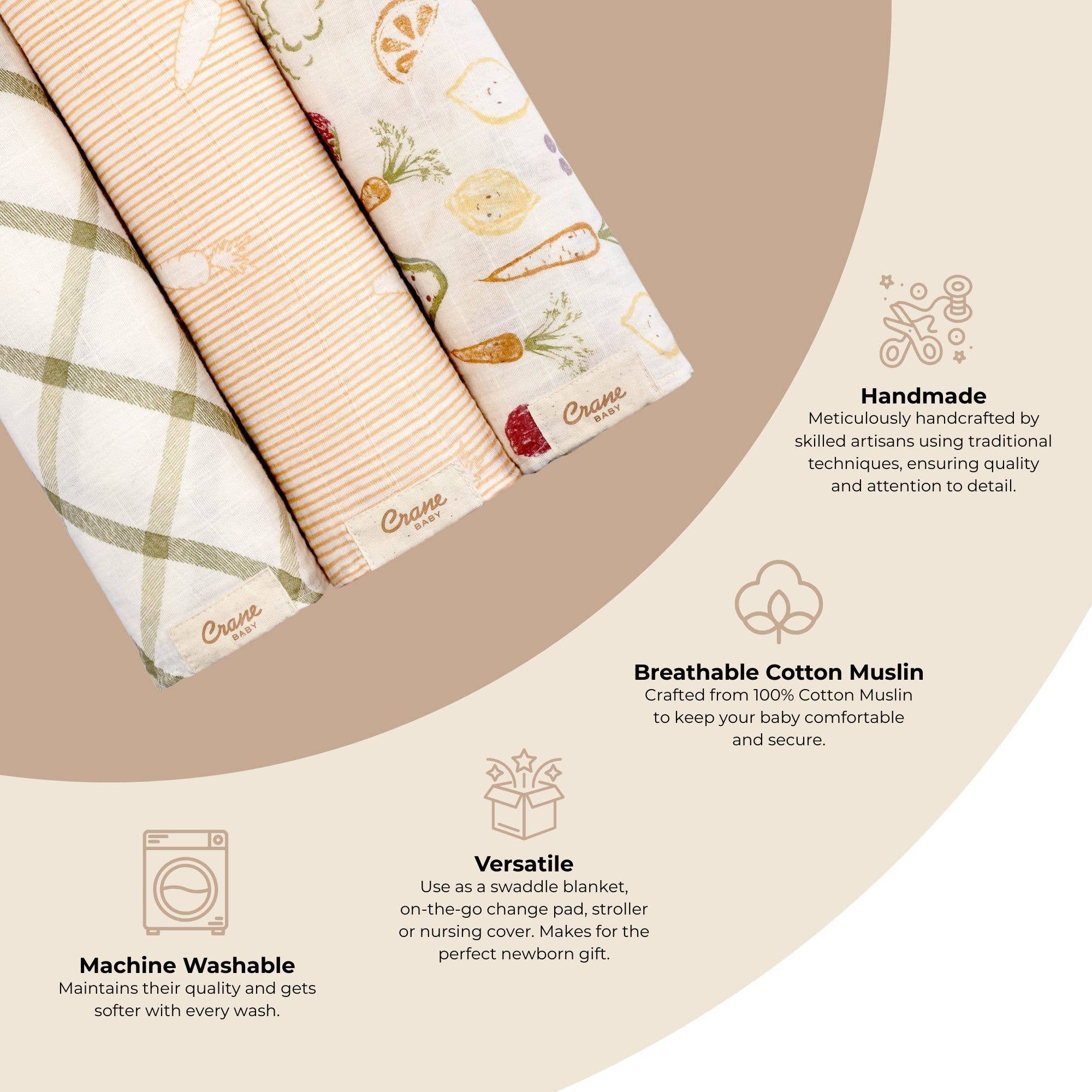 Clementine Cotton Muslin Swaddle Blanket Set of 3