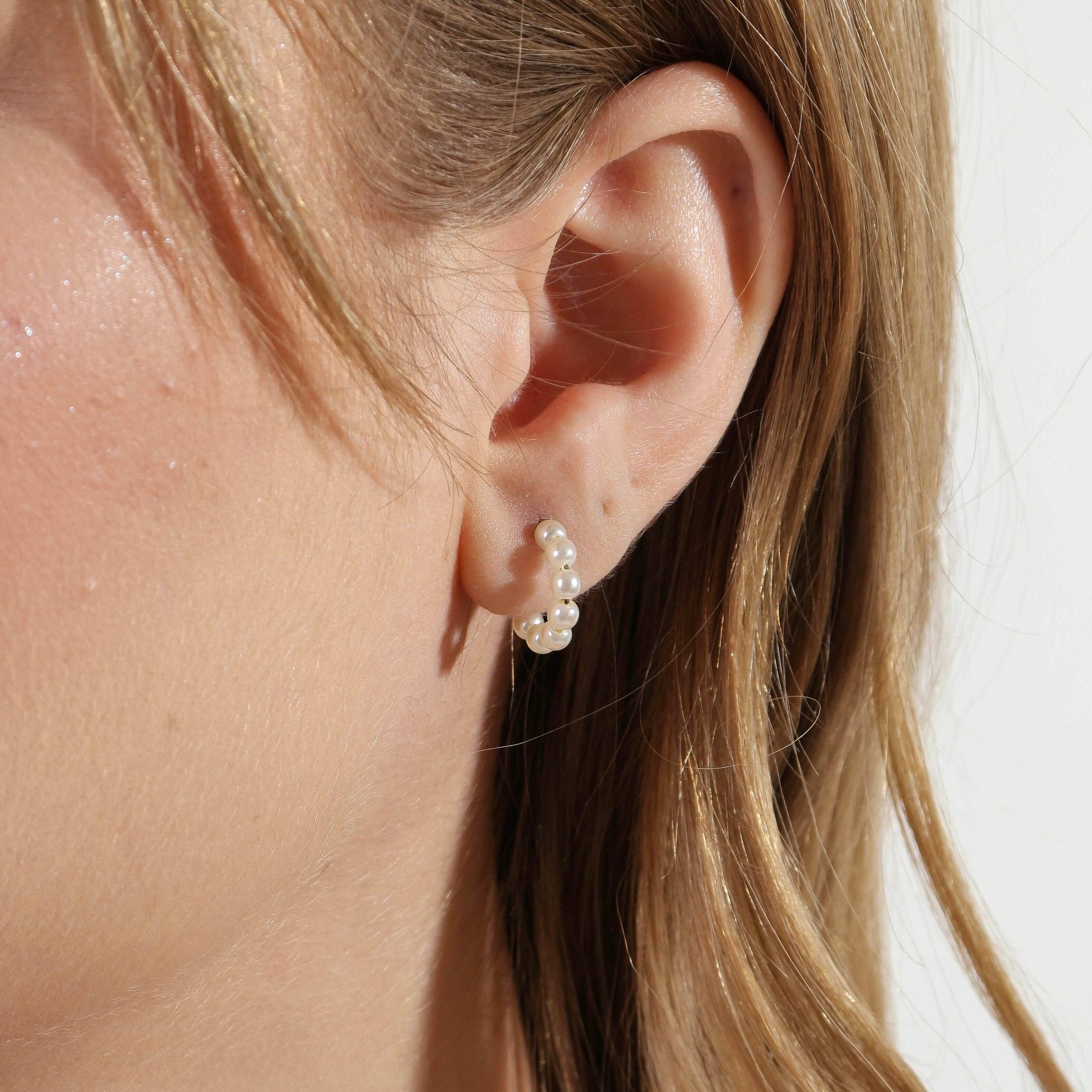 18k Gold Filled Simulated Pearl Bead Half-Hoop Earrings