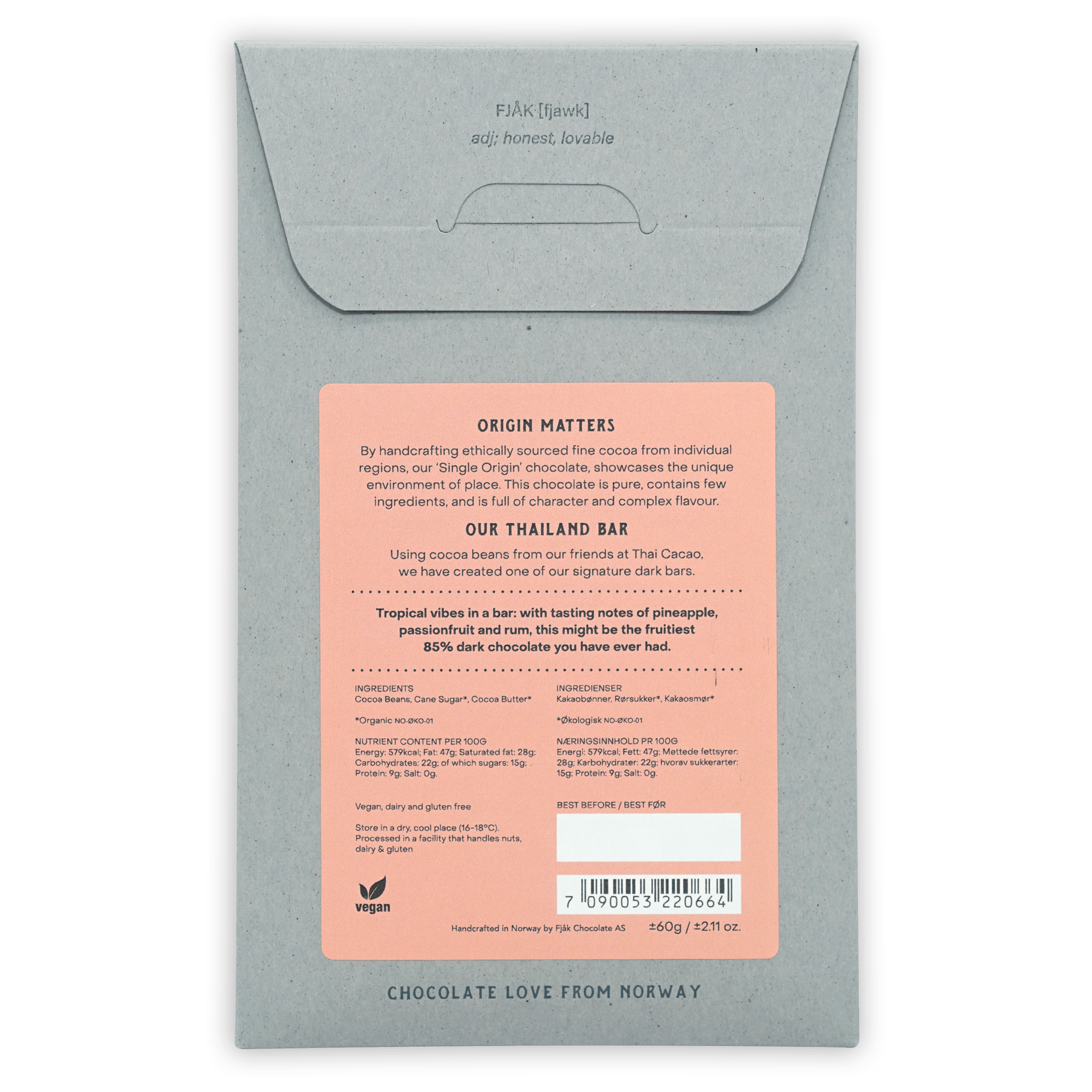 Fjak Dark Chocolate Bar Thailand 85% (Organic)