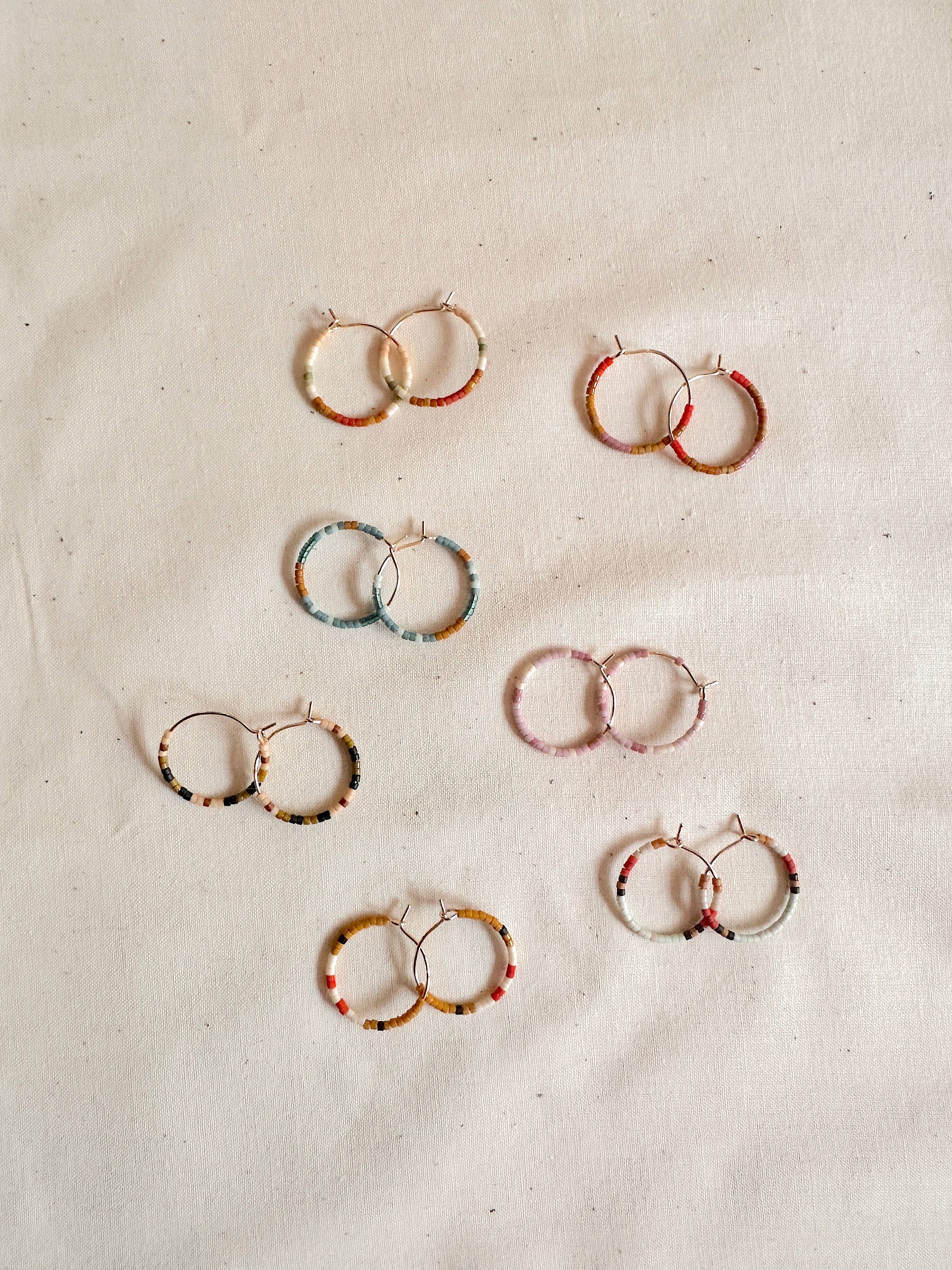 Small Beaded Hoop Earrings - black, olive green, peach
