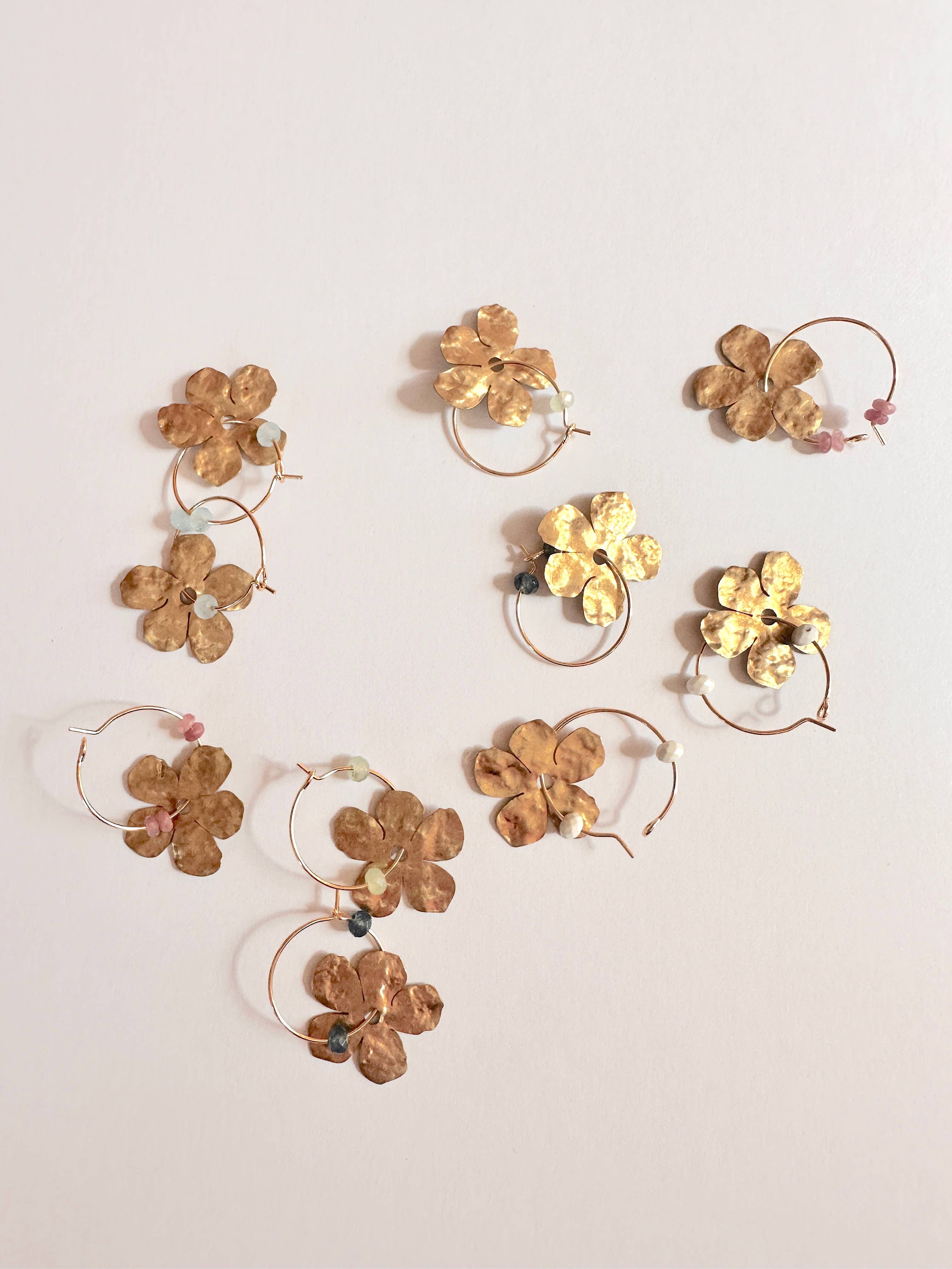 Hammered Brass Flower Hoop Earrings with Light Green Gemstone Beads