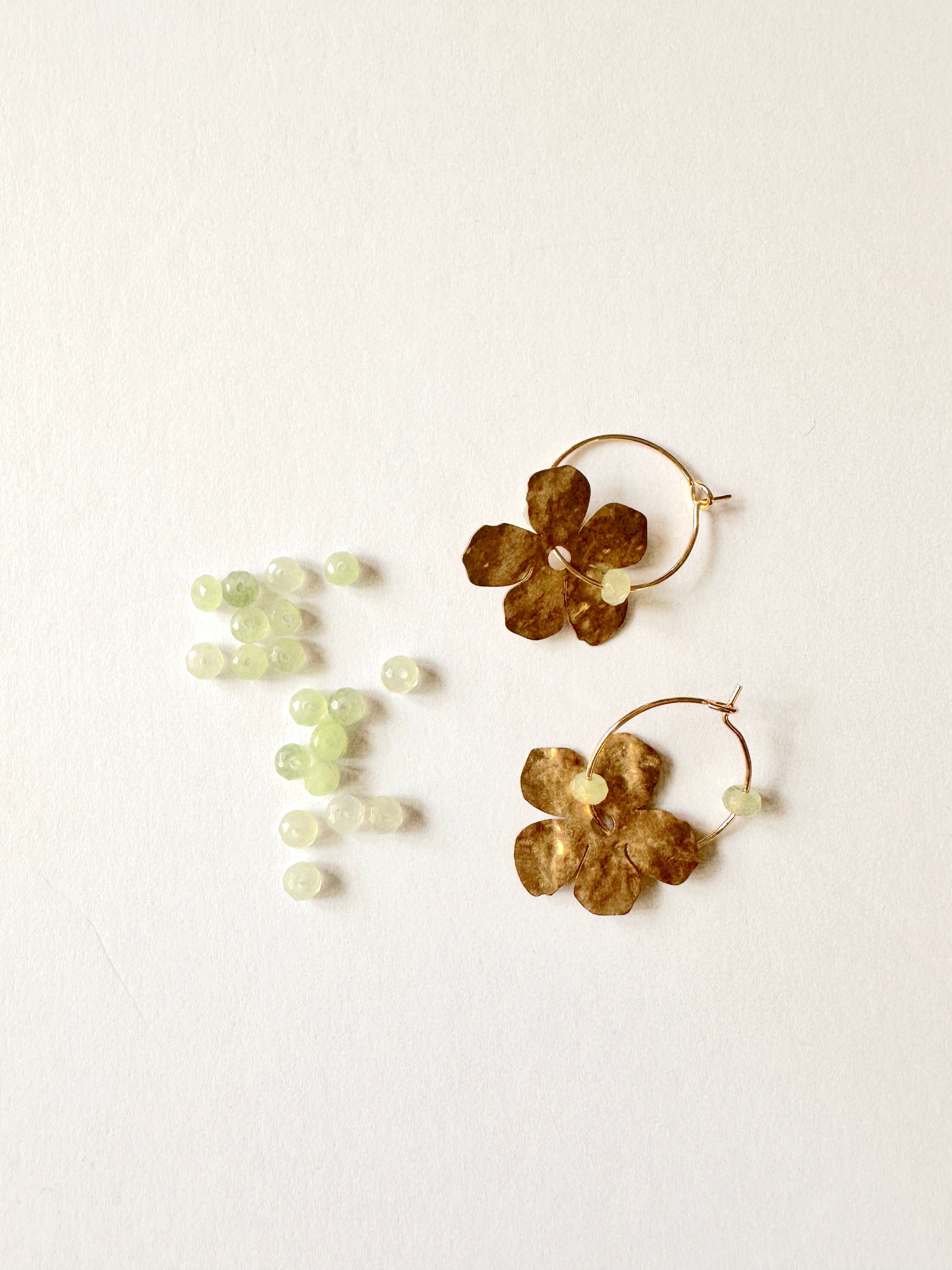 Hammered Brass Flower Hoop Earrings with Light Green Gemstone Beads