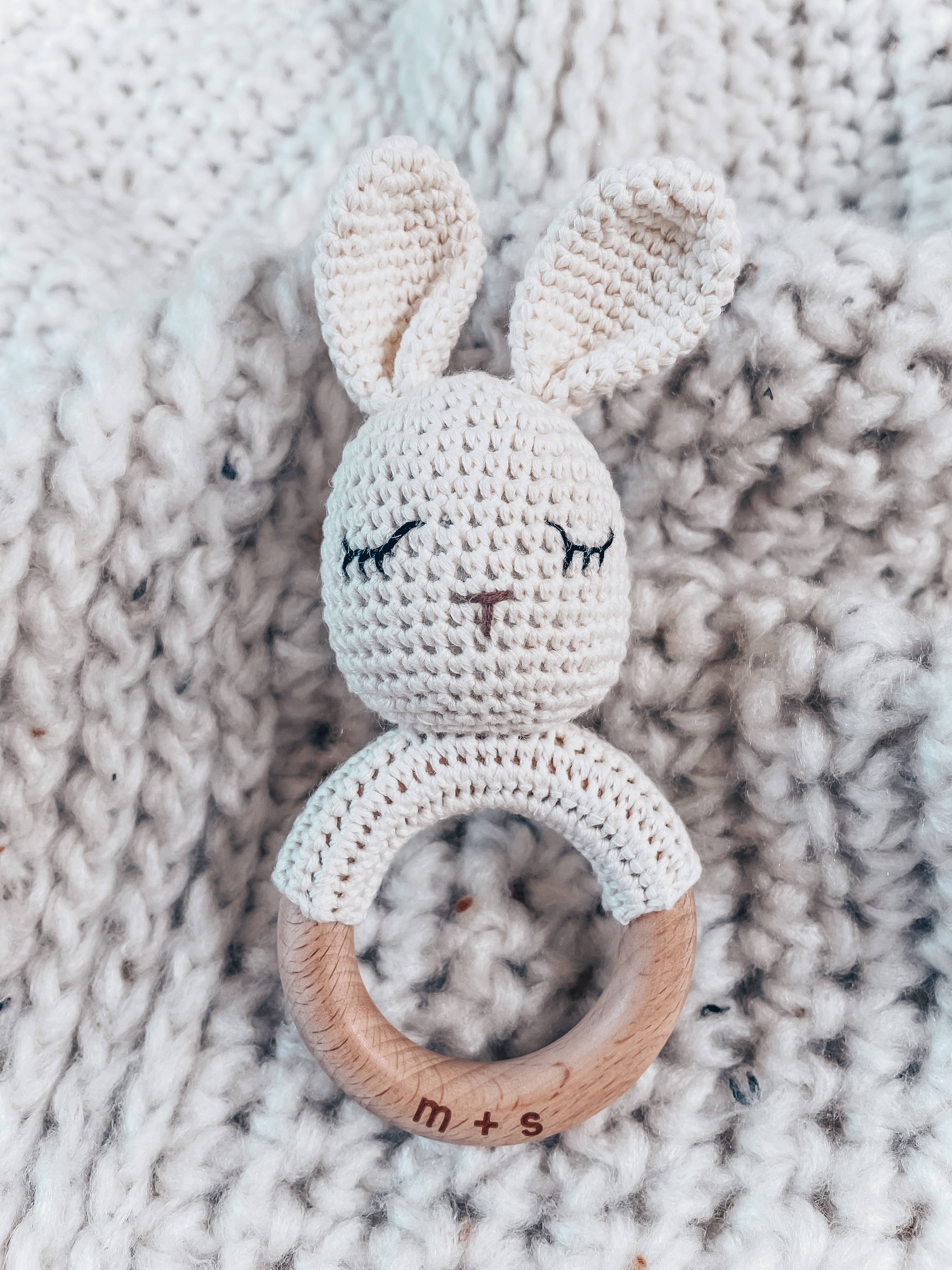 Hand Crochet Bear Rattle with Beechwood Ring