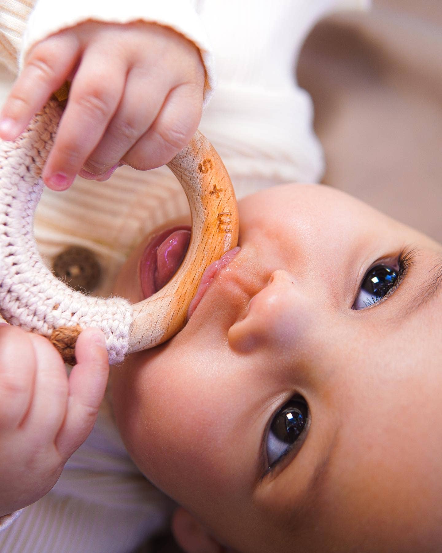 Hand Crochet Bear Rattle with Beechwood Ring