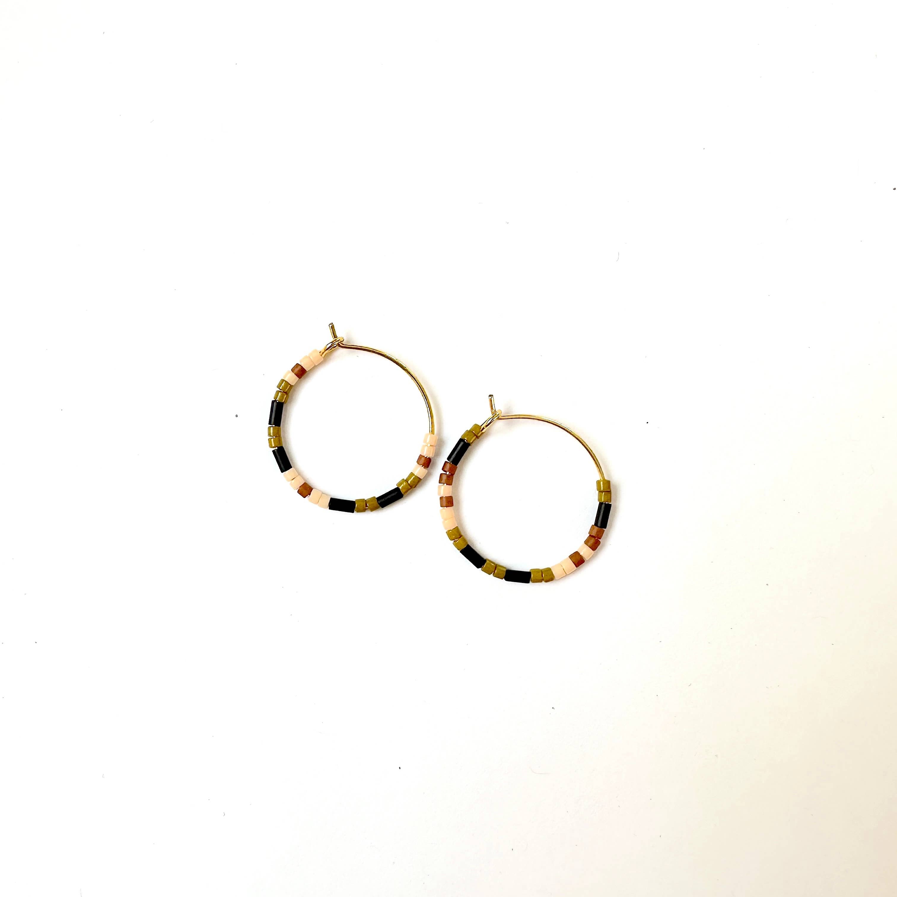Small Beaded Hoop Earrings - black, olive green, peach