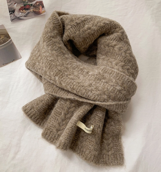 ACC: Avocado Green Wool Knit Scarf - Brown