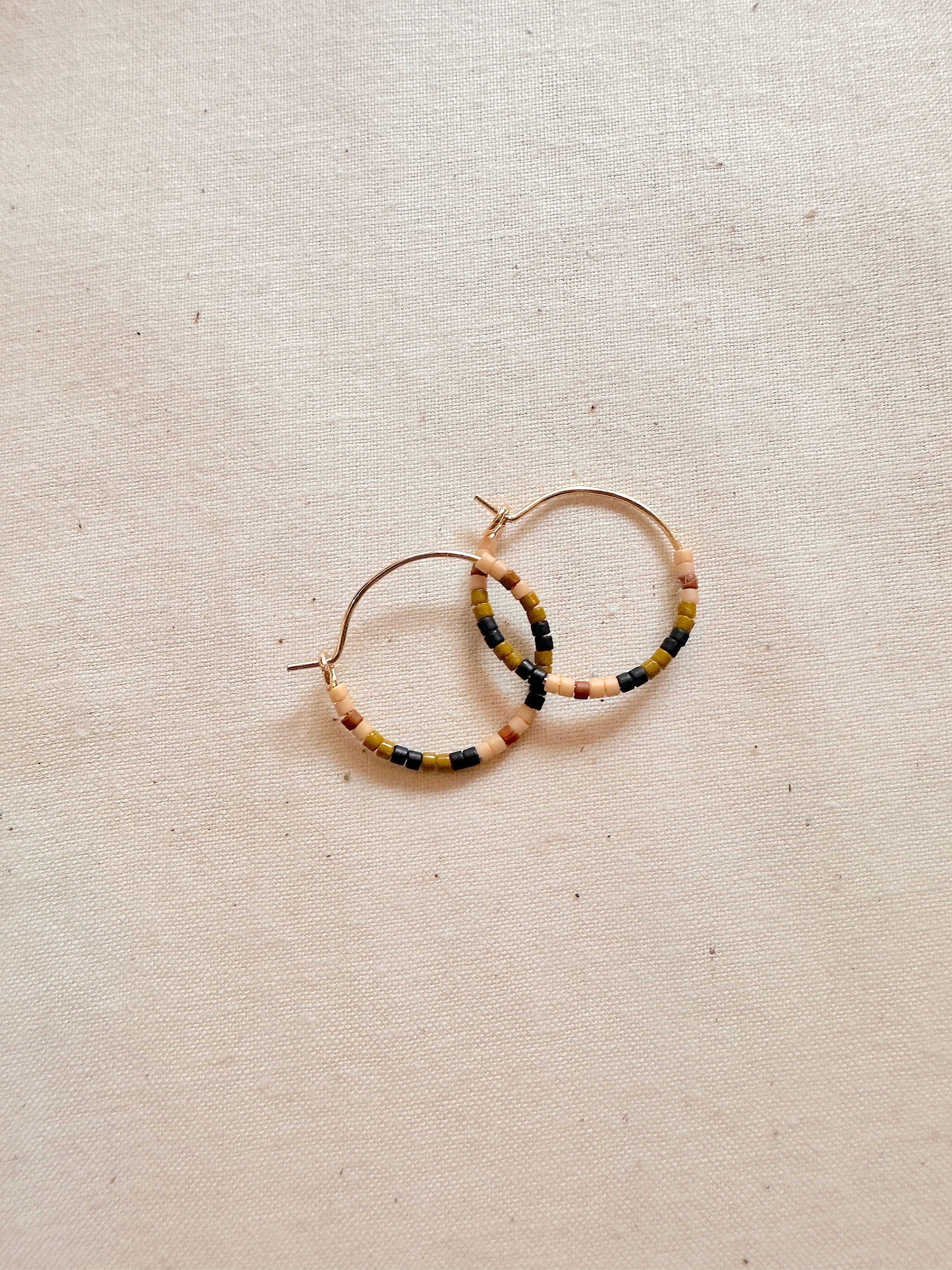 Small Beaded Hoop Earrings - black, olive green, peach