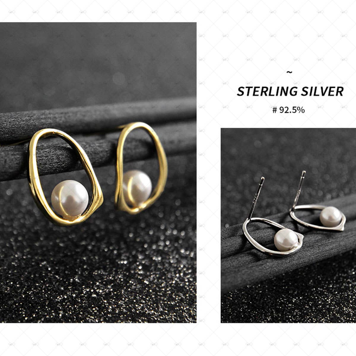 Silver Hollow Oval Pearl Stud Earrings