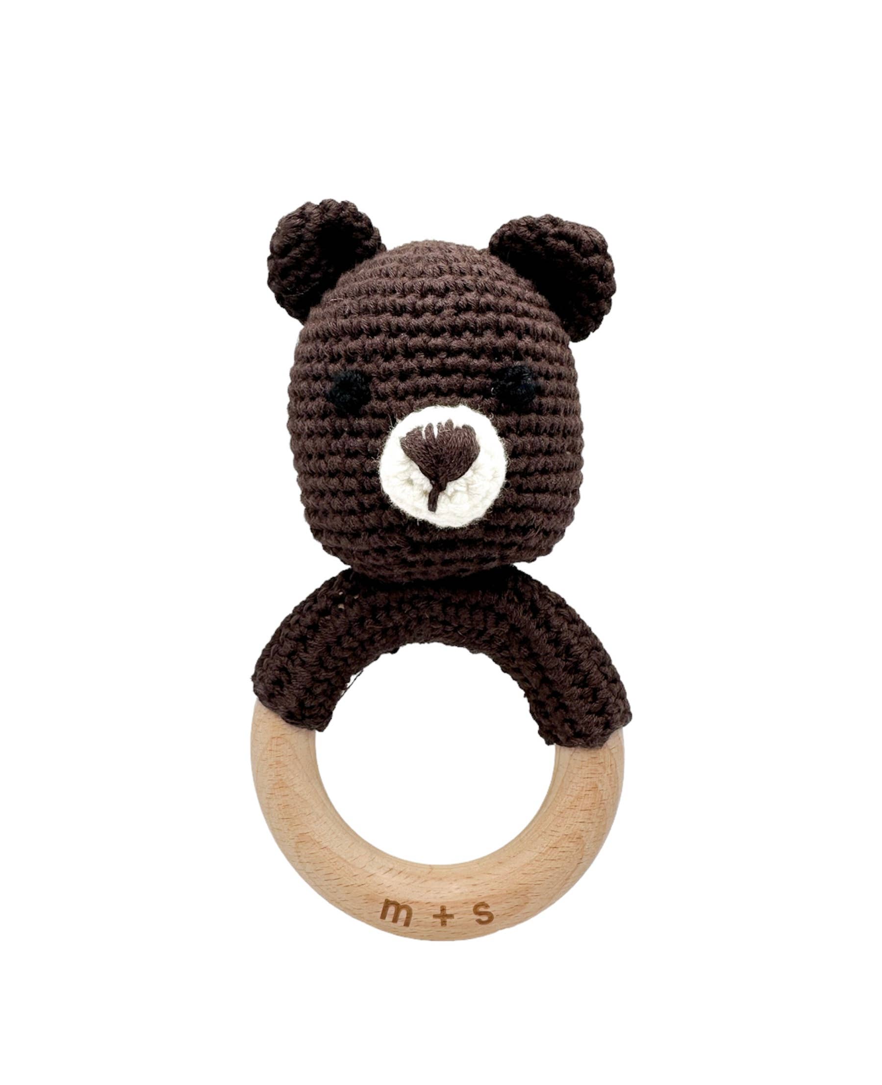 Hand Crochet Bear Rattle with Beechwood Ring