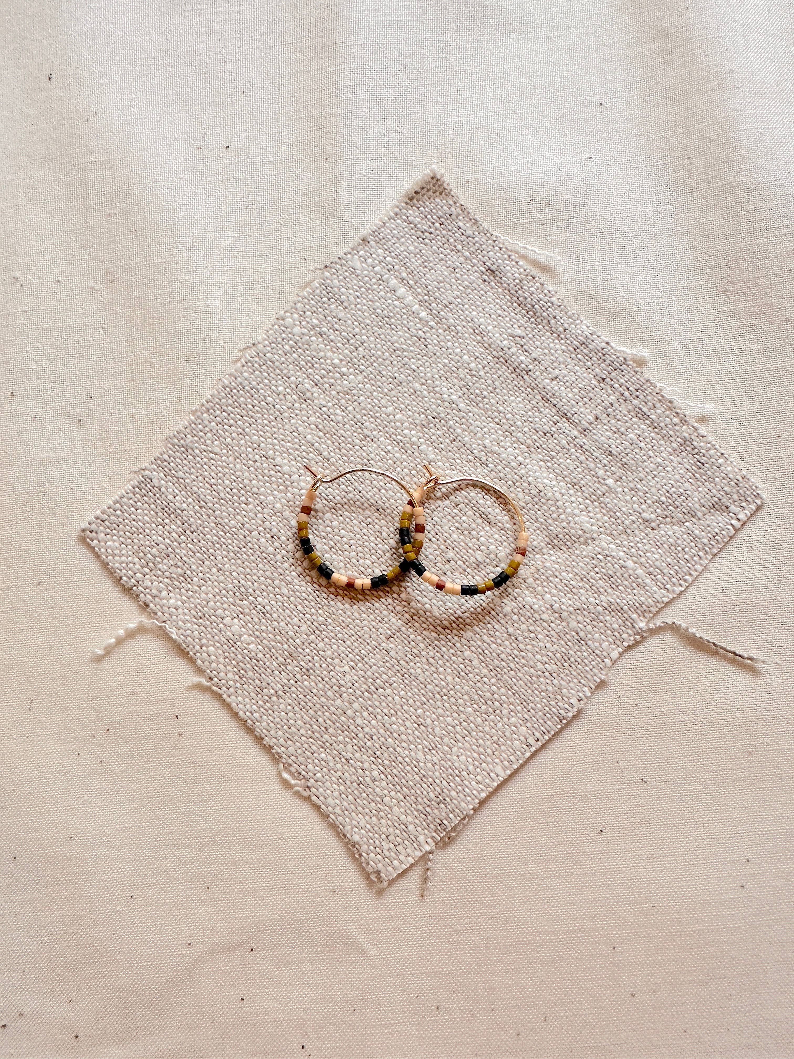 Small Beaded Hoop Earrings - black, olive green, peach