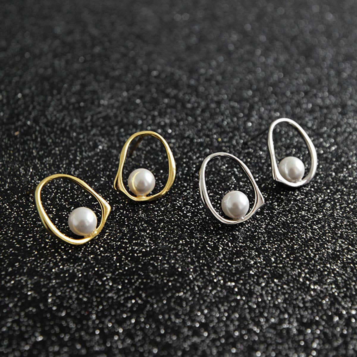 Silver Hollow Oval Pearl Stud Earrings