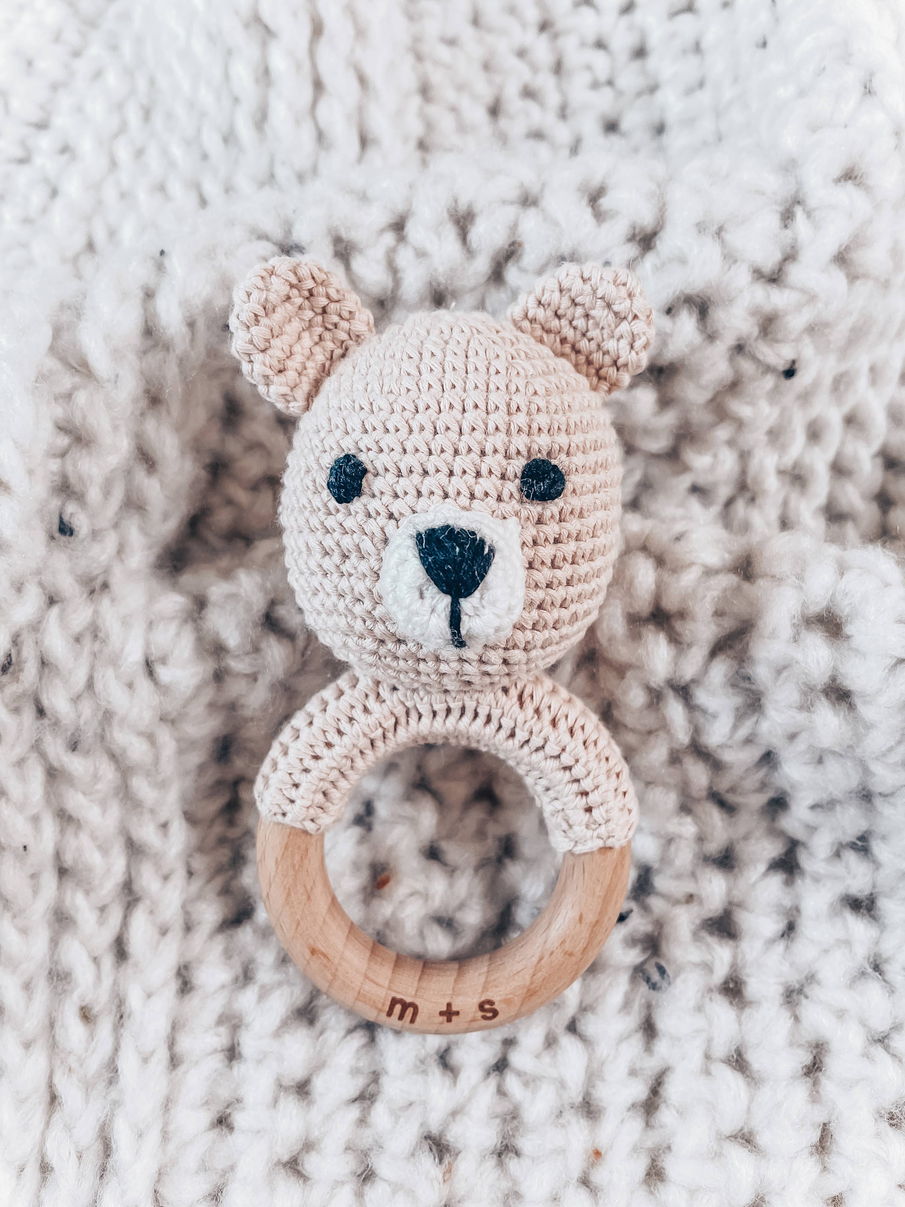 Hand Crochet Bear Rattle with Beechwood Ring